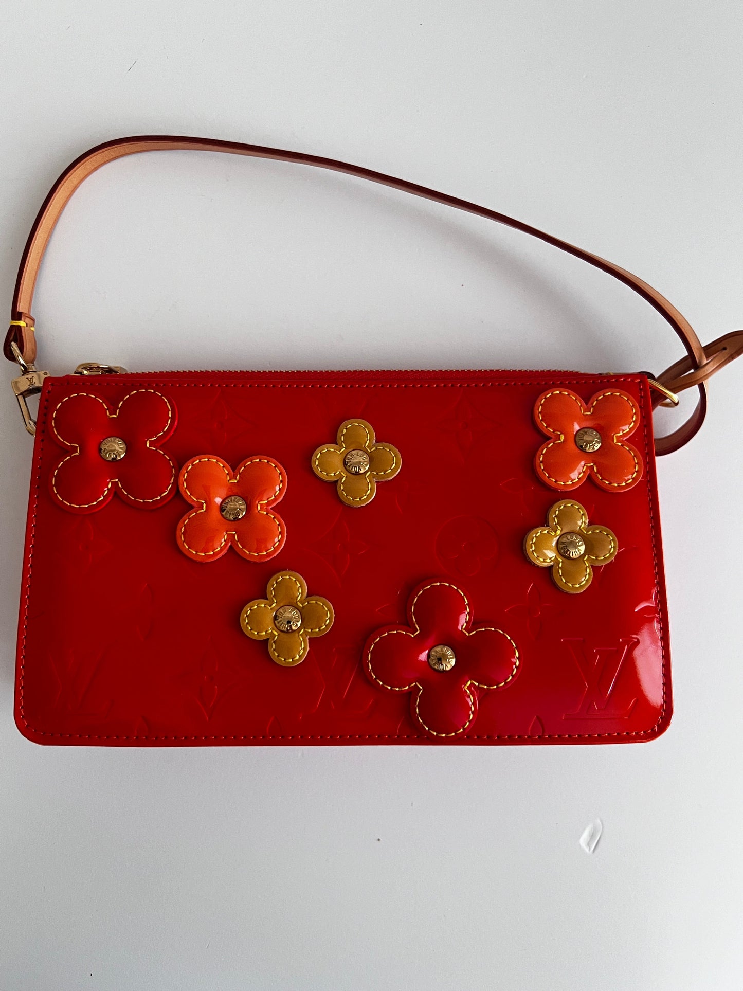 NWOT！Louis Vuitton Orange Sunset Monogram Vernis Lexington Fleurs Pochette Bag